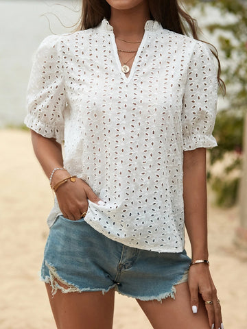 Eyelet Embroidery Frill Trim Puff Sleeve Schiffy Blouse
