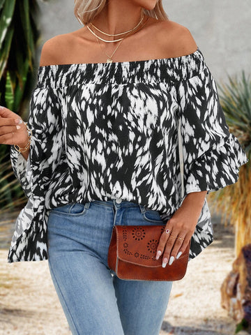Allover Print Off Shoulder Flounce Sleeve Blouse