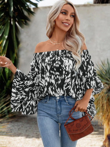 Allover Print Off Shoulder Flounce Sleeve Blouse