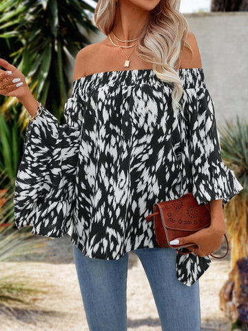 Allover Print Off Shoulder Flounce Sleeve Blouse