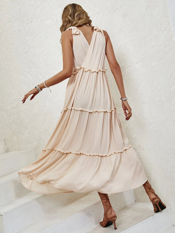 Solid Frill Trim Ruffle Hem Dress