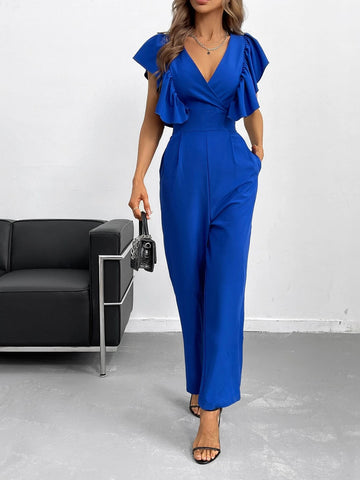Ruffle Trim Zip Back Slant Pocket Jumpsuit