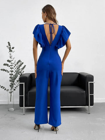 Ruffle Trim Zip Back Slant Pocket Jumpsuit
