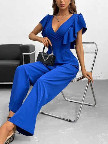 Ruffle Trim Zip Back Slant Pocket Jumpsuit