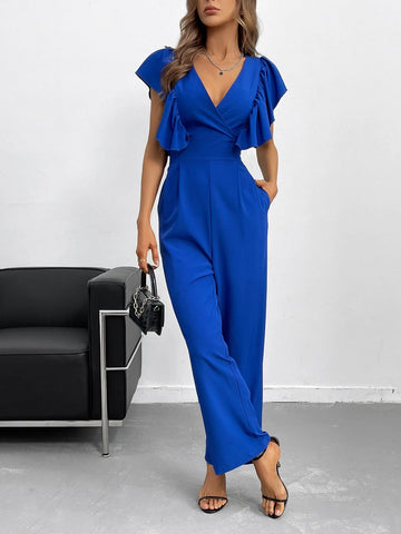 Ruffle Trim Zip Back Slant Pocket Jumpsuit