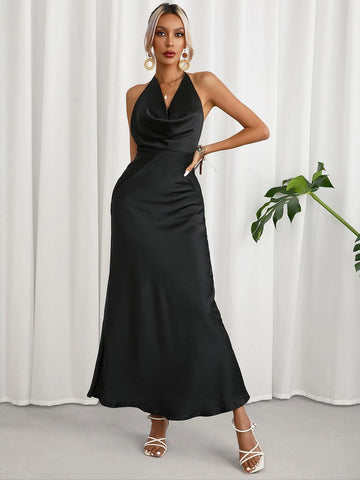 Solid Backless Halter Neck Dress