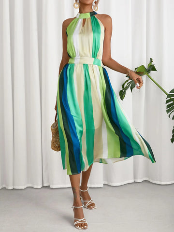 Colorblock Keyhole Neckline Halter A-line Dress