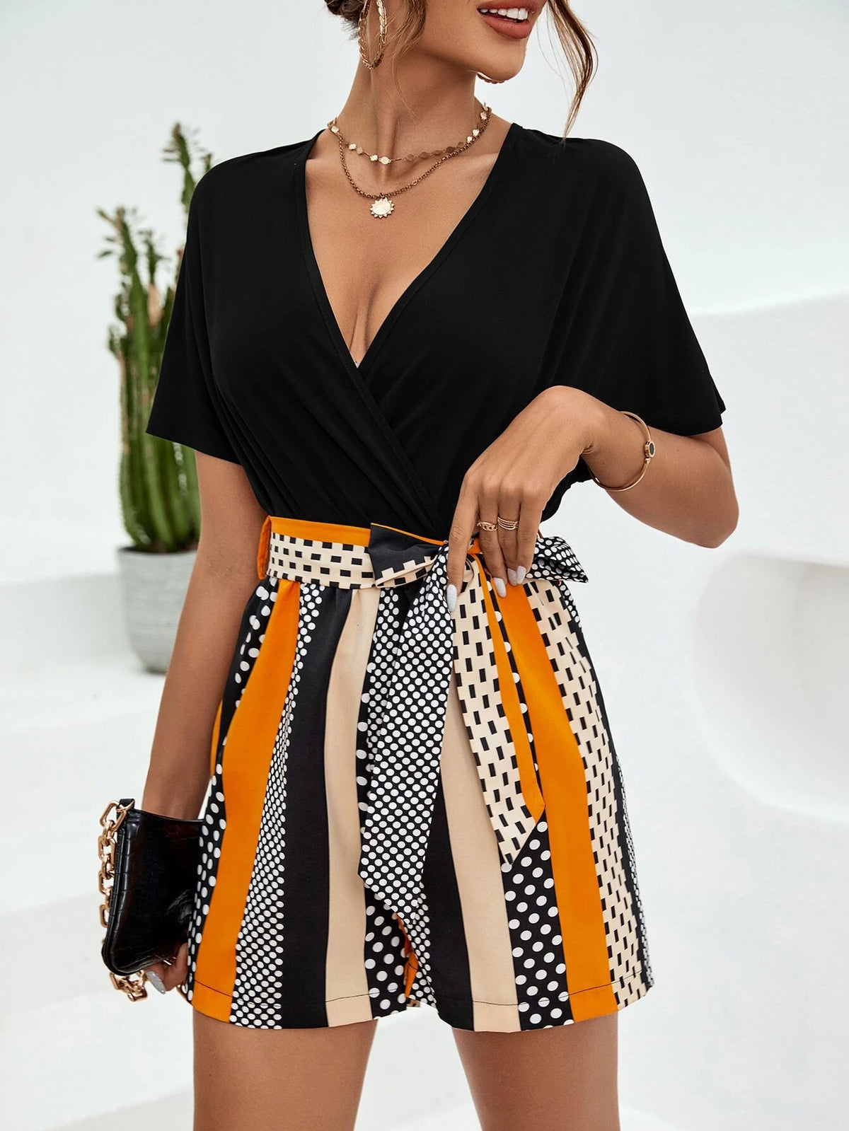 Polka Dot Print Belted Romper