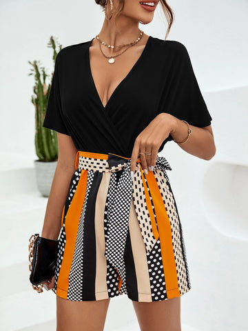 Polka Dot Print Belted Romper