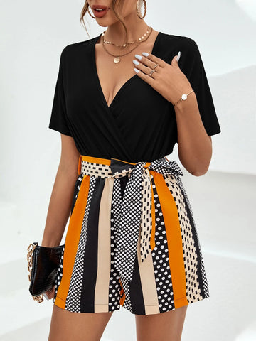 Polka Dot Print Belted Romper