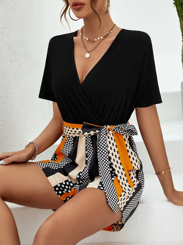 Polka Dot Print Belted Romper