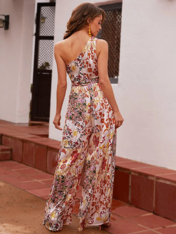 VCAY Floral Print One Shoulder Belted Wide Leg Jumpsuit