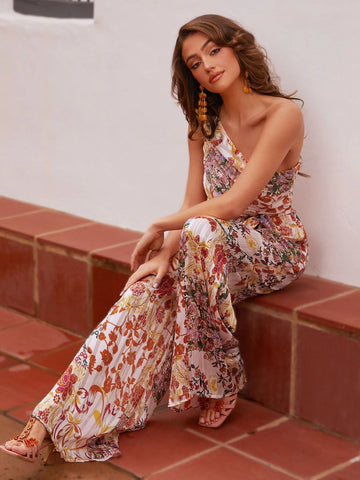 VCAY Floral Print One Shoulder Belted Wide Leg Jumpsuit