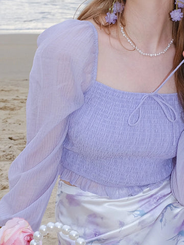 Square Neck Lantern Sleeve Shirred Knot Front Crop Blouse