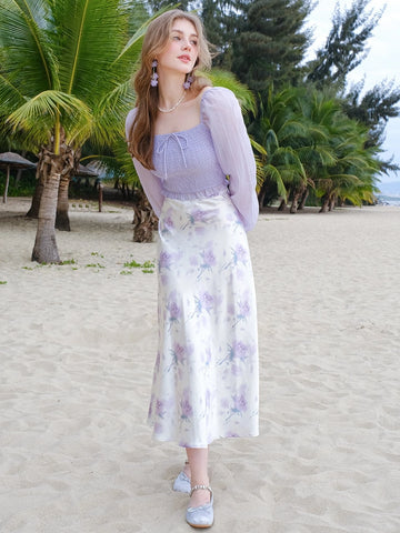 Square Neck Lantern Sleeve Shirred Knot Front Crop Blouse