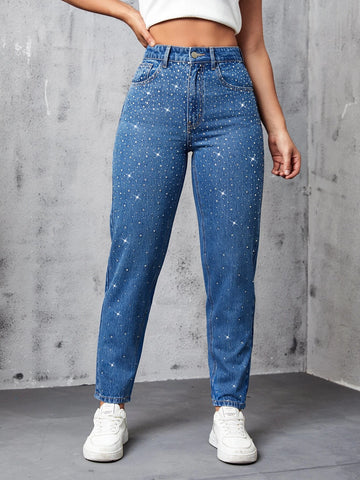 Slant Pocket Rhinestone Decor Jeans