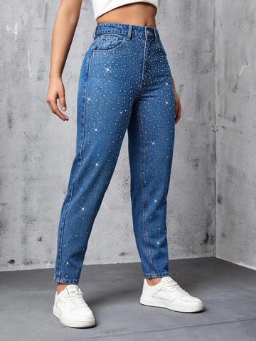 Slant Pocket Rhinestone Decor Jeans