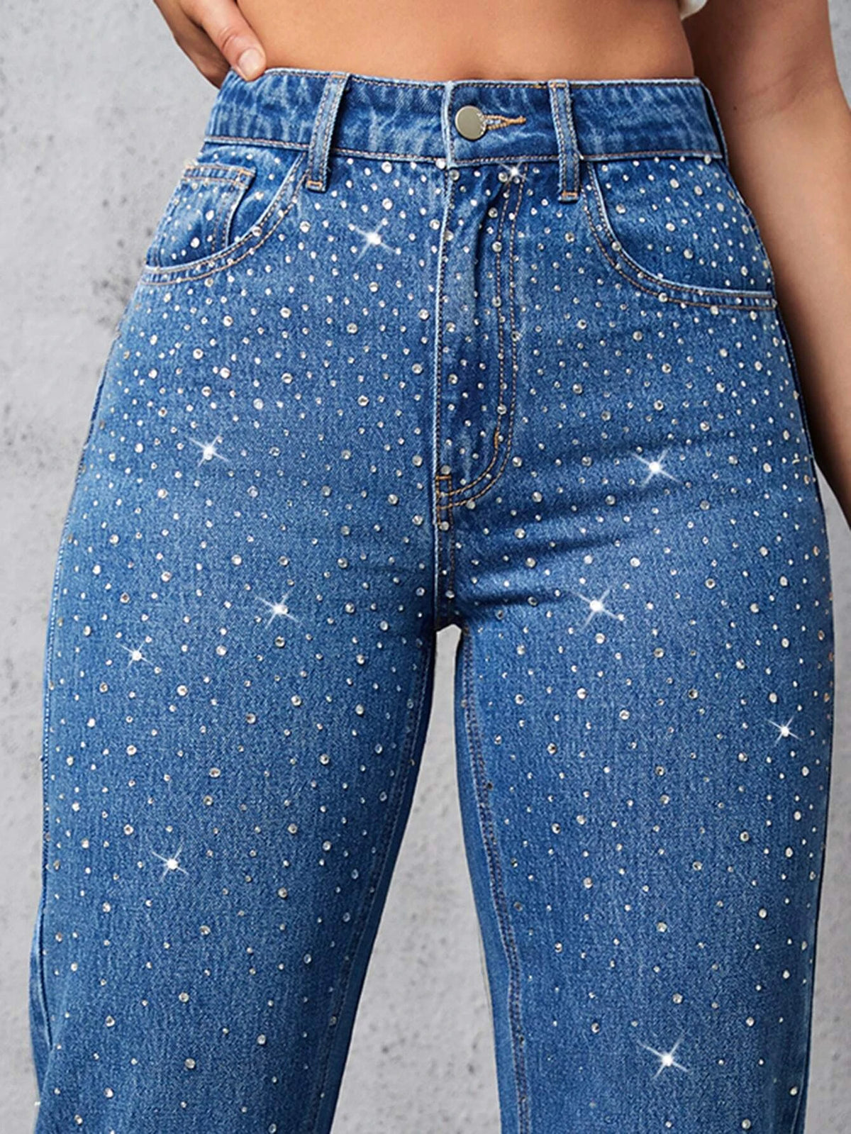 Slant Pocket Rhinestone Decor Jeans