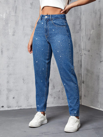 Slant Pocket Rhinestone Decor Jeans