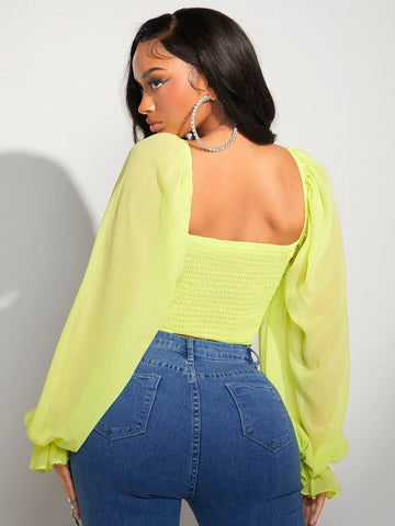 SXY Sweetheart Neck Flounce Sleeve Ruched Crop Blouse