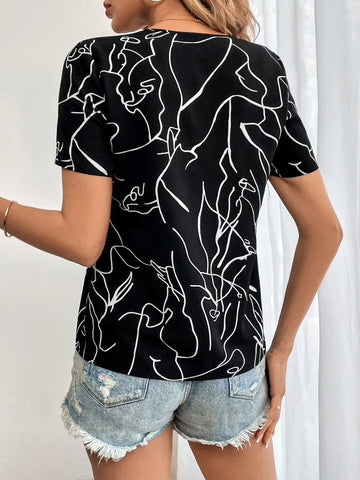 Unity Abstract Figure Graphic Notched Neckline Blouse