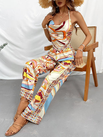 Allover Print Draped Collar Backless Halter Top & Wide Leg Pants