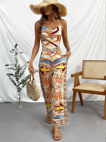 Allover Print Draped Collar Backless Halter Top & Wide Leg Pants