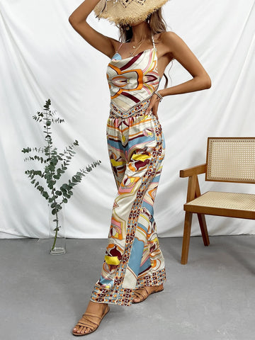 Allover Print Draped Collar Backless Halter Top & Wide Leg Pants