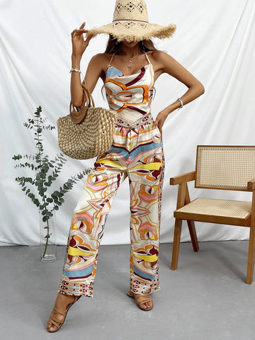 Allover Print Draped Collar Backless Halter Top & Wide Leg Pants