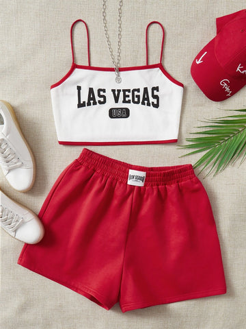 Letter Graphic Cami Top & Track Shorts Set