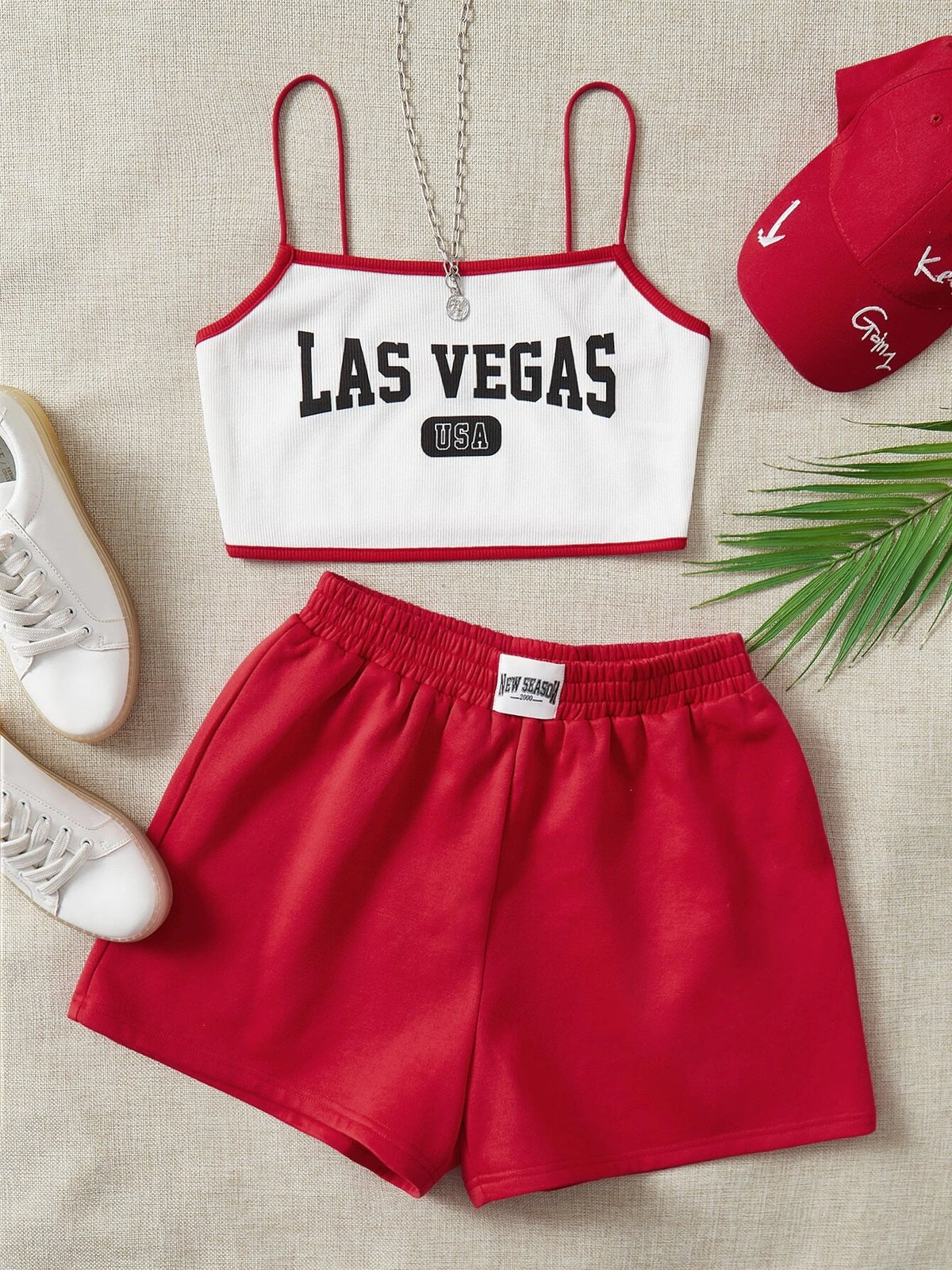 Letter Graphic Cami Top & Track Shorts Set