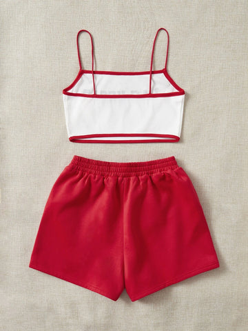 Letter Graphic Cami Top & Track Shorts Set