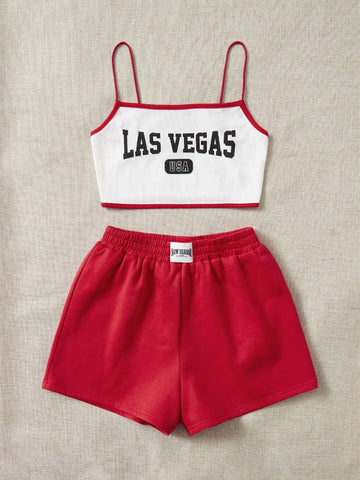 Letter Graphic Cami Top & Track Shorts Set