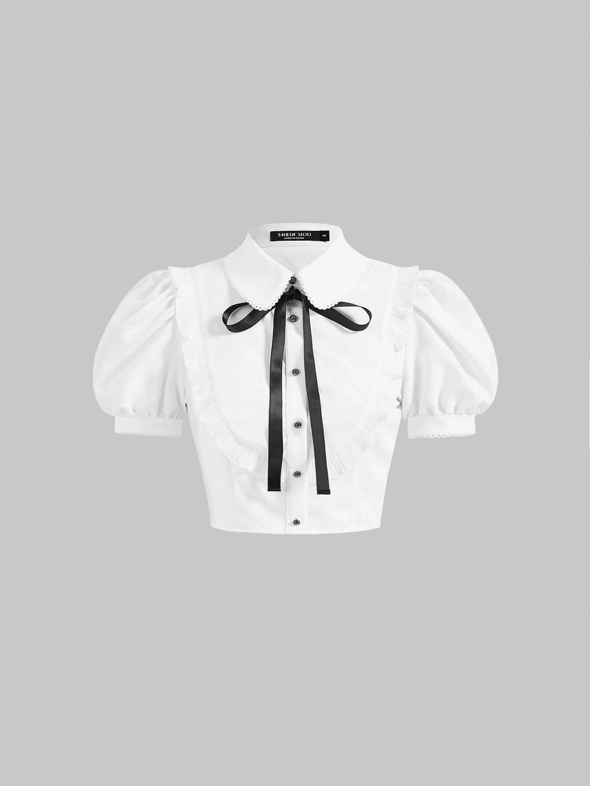 MOD Bow Front Ruffle Trim Puff Sleeve Crop Shirt
