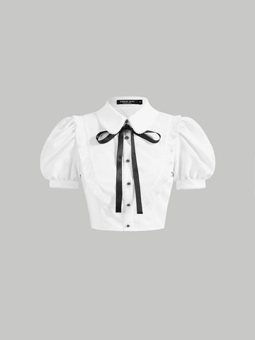 MOD Bow Front Ruffle Trim Puff Sleeve Crop Shirt