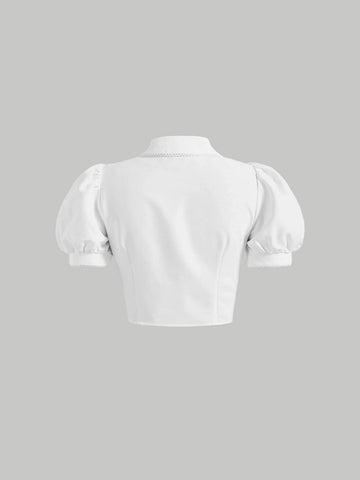 MOD Bow Front Ruffle Trim Puff Sleeve Crop Shirt