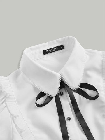 MOD Bow Front Ruffle Trim Puff Sleeve Crop Shirt