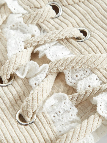 MOD Lace Up Front Puff Sleeve Crop Top