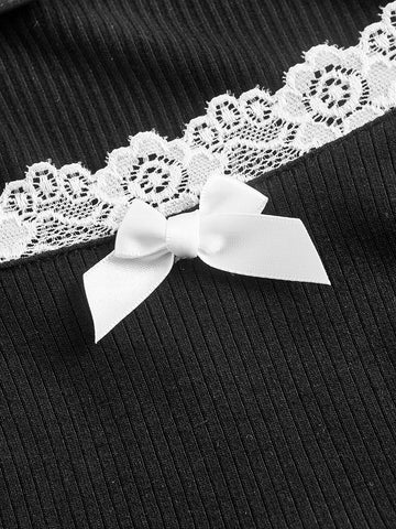 Contrast Lace Bow Front Tee