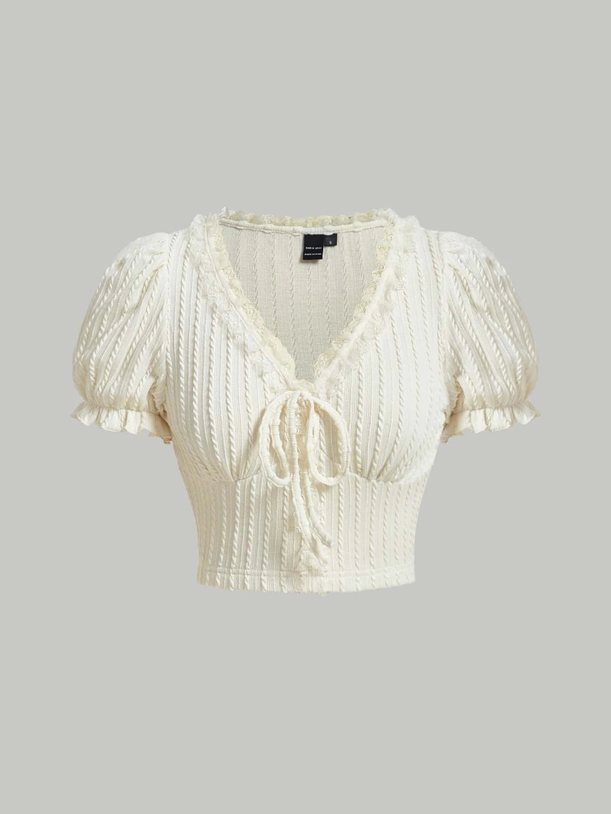 Knot Front Lace Trim Puff Sleeve Crop Tee