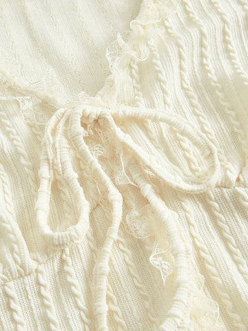 Knot Front Lace Trim Puff Sleeve Crop Tee