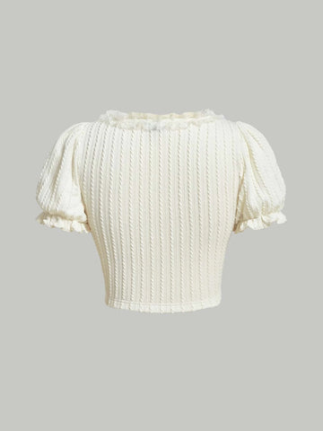 Knot Front Lace Trim Puff Sleeve Crop Tee