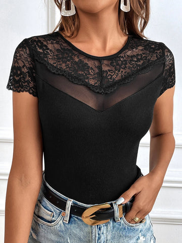 Contrast Lace Ribbed Knit Tee