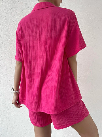 VCAY Solid Button Front Shirt & Shorts