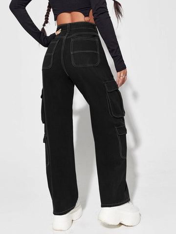 High Waisted Flap Pocket Cargo Jeans