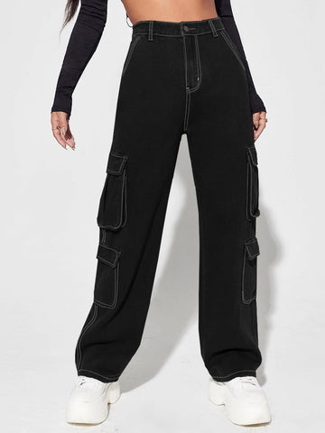 High Waisted Flap Pocket Cargo Jeans