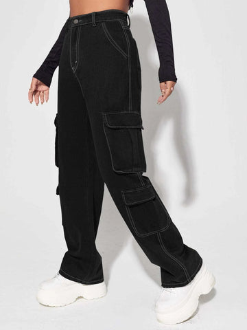 High Waisted Flap Pocket Cargo Jeans