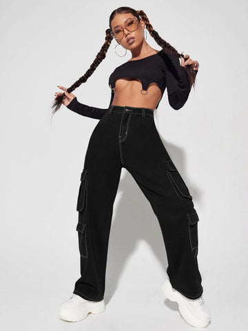 High Waisted Flap Pocket Cargo Jeans