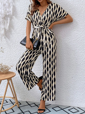 Allover Print Batwing Sleeve Belted Jumpsuit