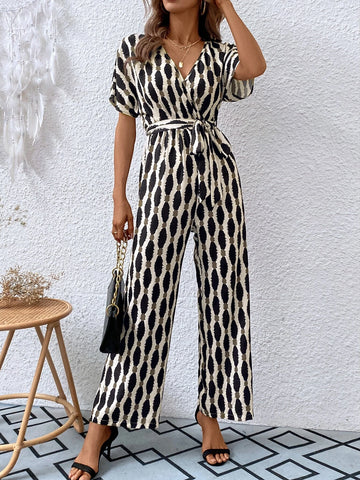 Allover Print Batwing Sleeve Belted Jumpsuit